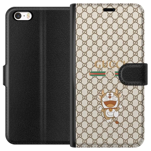 Kompatibel Tegnebogsetui til Apple iPhone 5 Glad tegnet figur med horn mod beige baggrund med brunt geometrisk monogrammønster og dekorative striber beige