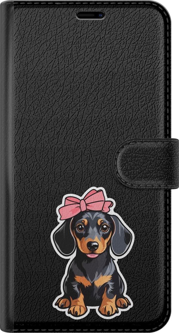 Kompatibel Tegnebogsetui til Apple iPhone 18 Pro Max Rosetgravhund - Sort motiv med gravhundehvalp med lyserød roset. sort