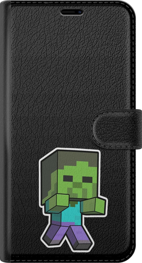 Kompatibel Tegnebogsetui til Apple iPhone 15 Blokzombie - Grønt motiv med blokspilszombie med løftet arm. grøn