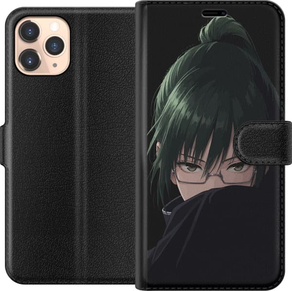 Kompatibel Tegnebogsetui til Apple iPhone 11 Pro Mørkhåret animefigur med briller og opslået sort krave på sort baggrund sort