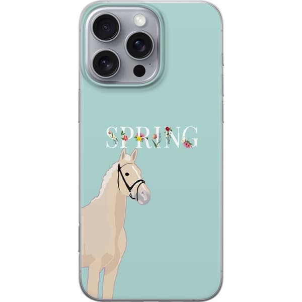 Kompatibelt Mobildeksel til Apple iPhone 16 Pro Max Lys hest med blomster og teksten "Spring" mot mintgrønn bakgrunn grønn