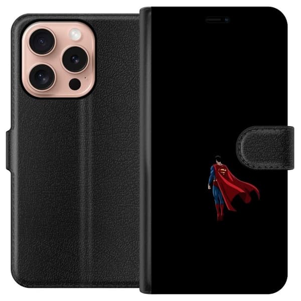 Kompatibel Tegnebogsetui til Apple iPhone 16 Pro Minimalistisk motiv med flyvende superhelt i blåt og rødt mod sort baggrund sort
