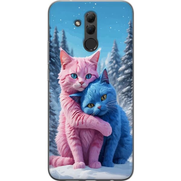 Kompatibel Mobilcover til Huawei Mate 20 lite Søde lyserøde og blå katte, der krammer i sneklædt vinterlandskab blå