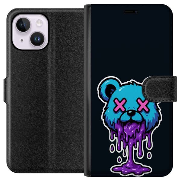 Kompatibel Tegnebogsetui til Apple iPhone 14 Plus Blå illustreret bjørn med lyserøde krydsøjne og lilla dryppende detaljer mod sort baggrund sort