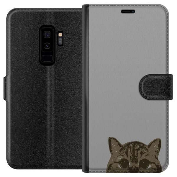 Kompatibel Tegnebogsetui til Samsung Galaxy S9+ Grå Katteblik - stilfuld kat design med grå baggrund