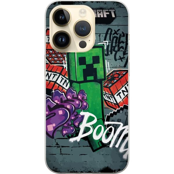 Kompatibelt Mobildeksel til Apple iPhone 15 Pro Grønn blokkfigur med dynamitt, graffitidetaljer og mørk urban bakgrunn grønn