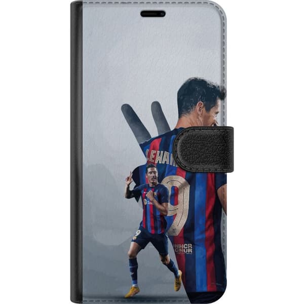 Kompatibel Tegnebogsetui til Apple iPhone 18 Robert Lewandowski med nummer 9 - fodboldcollage i lyseblå og rød blå