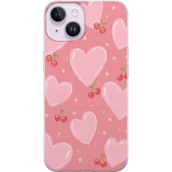 Kompatibelt Mobildeksel til Apple iPhone 14 Rosa mønster med store hjerter, røde kirsebær og små stjerner rosa