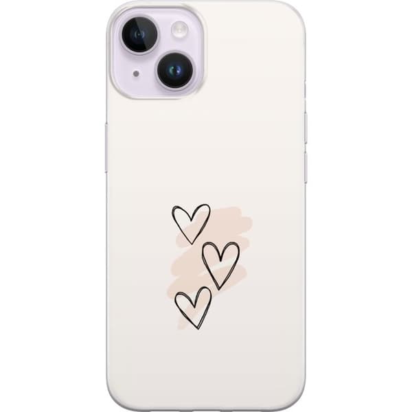 Kompatibel Mobilcover til Apple iPhone 15 Plus Tre håndtegnede sorte hjerter med lyserøde penselstrøg på lys baggrund, romantisk motiv beige