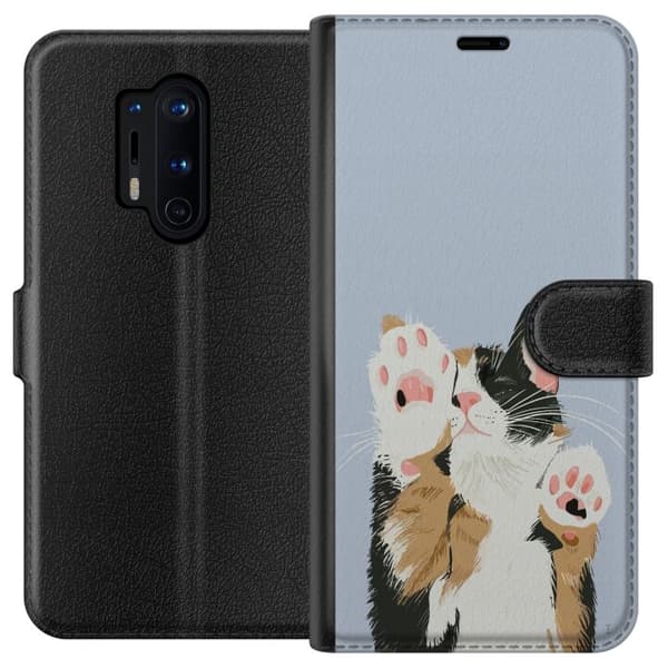 Kompatibel Tegnebogsetui til OnePlus 8 Pro Illustreret trefarvet kat med lyserøde poter, der strækker sig op mod en lyseblå baggrund blå