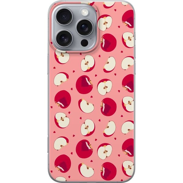 Kompatibelt Mobildeksel til Apple iPhone 16 Pro Max Røde epler, epleskiver og små hjerter på rosa bakgrunn, lekent fruktmønster rosa