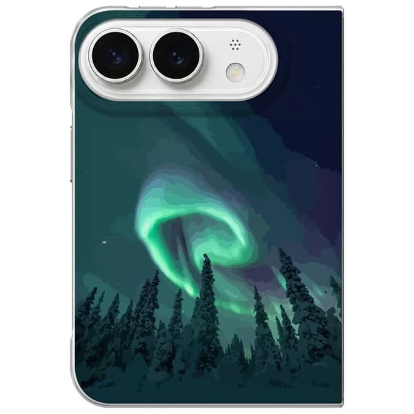 Kompatibelt Mobildeksel til Apple iPhone Duo Grønt nordlys over mørk barskog under stjerneklar nattehimmel grønn