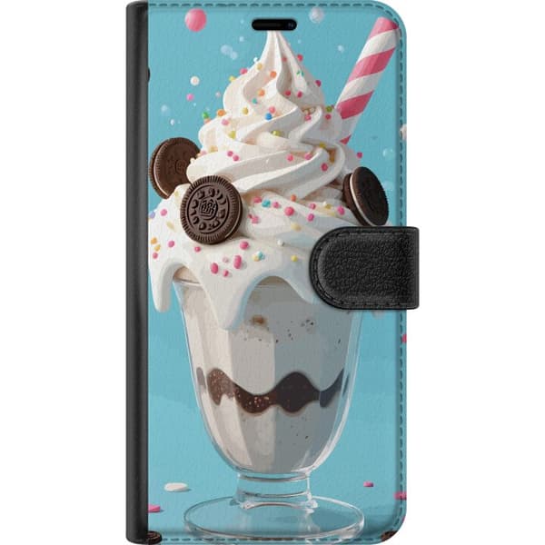 Kompatibel Tegnebogsetui til Google Pixel 6a milkshake plakat is glas dessert småkager fløde Oreo søde sager slik kawaii blå baggrund kunst