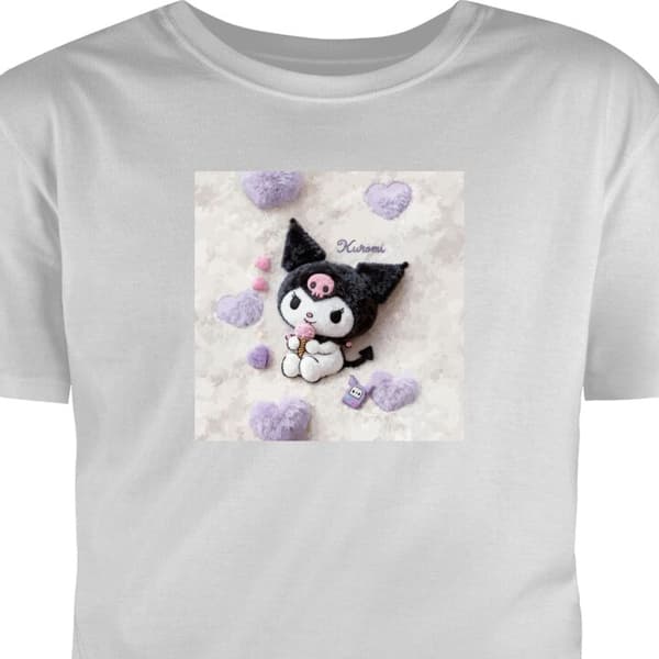 Børne T-shirt Grå 3-4 År Sød sort-hvid figur med lyserød is og bløde hjerter grå 3-4 År