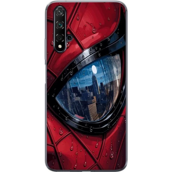 Kompatibelt Mobildeksel til Huawei nova 5T Nærbilde av Spider-Man-maske med regndråper og byrefleksjon i øyet rød