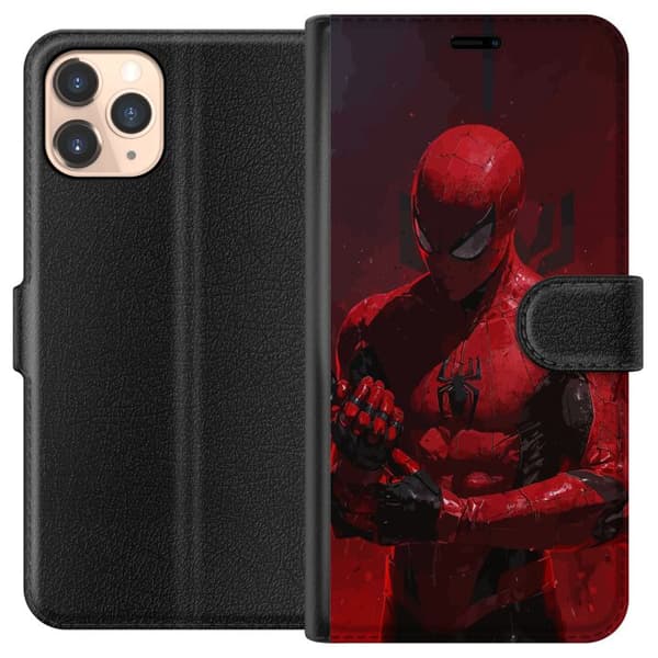 Kompatibel Tegnebogsetui til Apple iPhone 11 Pro Dramatisk rød og sort maskeret superhelt med edderkoppemønstret dragt rød