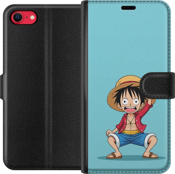 Kompatibel Tegnebogsetui til Apple iPhone 8 Luffy med stråhat og rød jakke mod lyseblå baggrund blå