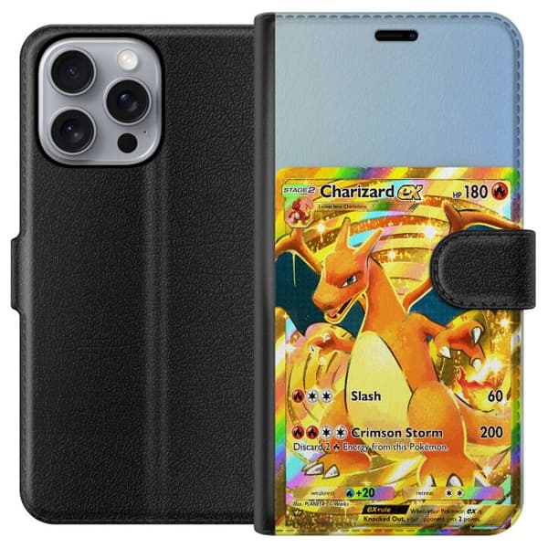 Kompatibel Tegnebogsetui til Apple iPhone 16 Pro Max Gylden Charizard EX samlerkort med regnbueeffekter guld