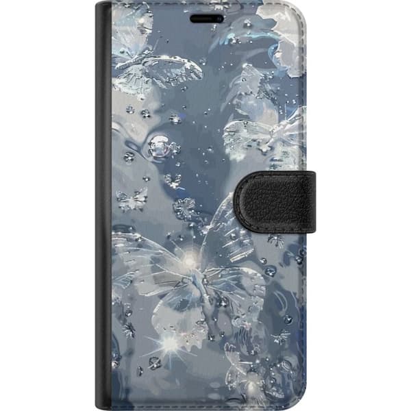 Kompatibel Tegnebogsetui til Apple iPhone 13 Pro Max Elegant motiv med sølvfarvede sommerfugle, glitrende dråber og blågrå baggrund sølv