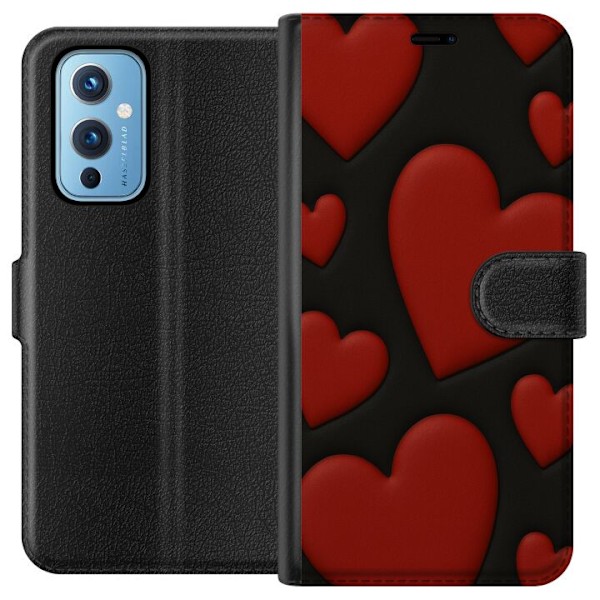 OnePlus 9 Tegnebogsetui Rød Fløjlshjerter