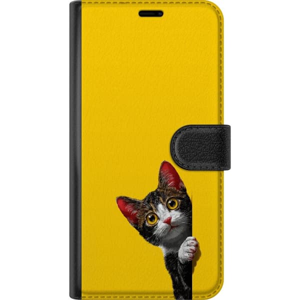 Kompatibel Tegnebogsetui til Google Pixel 6a Sød kat, der kigger ud mod gul minimalistisk baggrund gul
