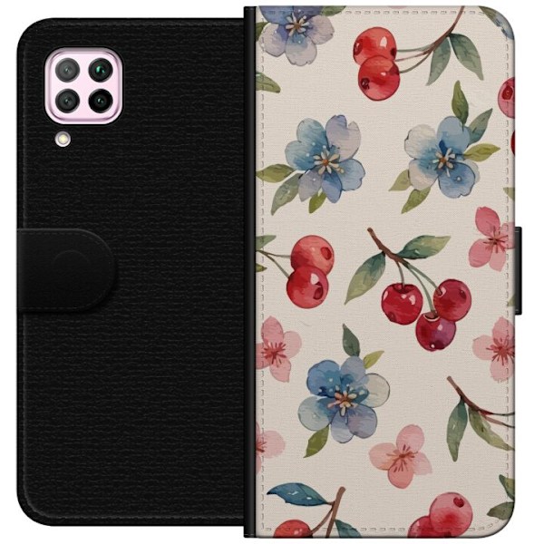 Huawei P40 lite Lompakkokotelo Marjat & Kukat - kuvio, jossa on sinisiä kukkia ja metsänmarjoja