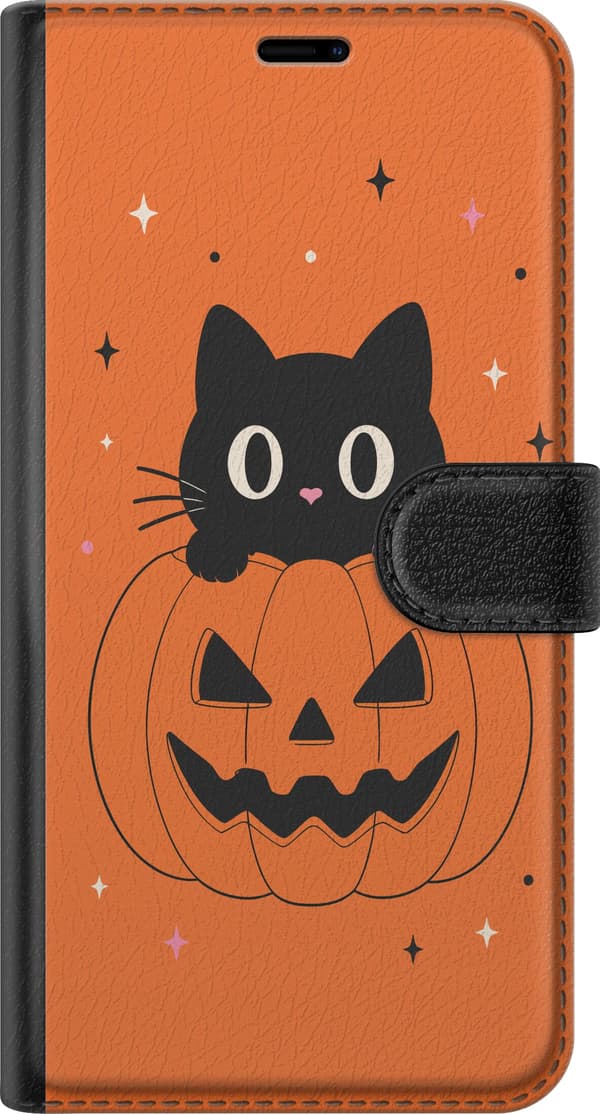 Kompatibel Tegnebogsetui til Apple iPhone 17 Sort kat og halloween-græskar med stjerner på orange baggrund orange