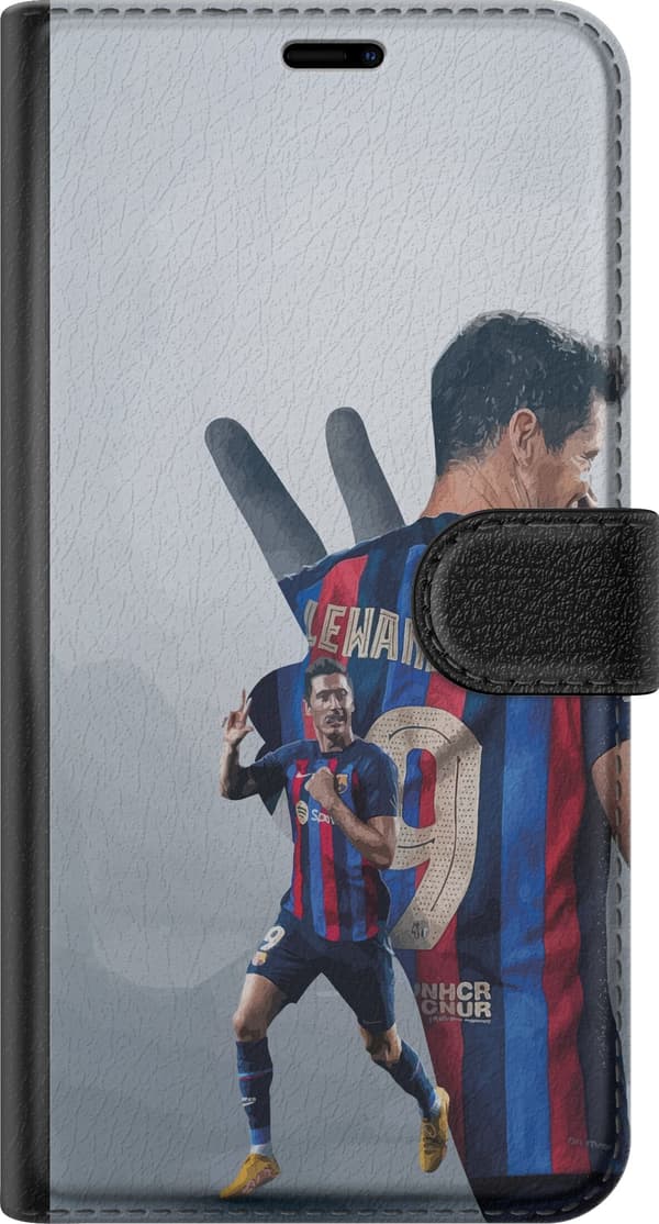 Kompatibel Tegnebogsetui til Apple iPhone SE (2020) Robert Lewandowski med nummer 9 - fodboldcollage i lyseblå og rød blå