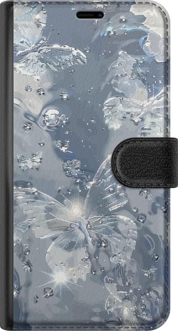 Kompatibel Tegnebogsetui til Apple iPhone 11 Pro Max Elegant motiv med sølvfarvede sommerfugle, glitrende dråber og blågrå baggrund sølv