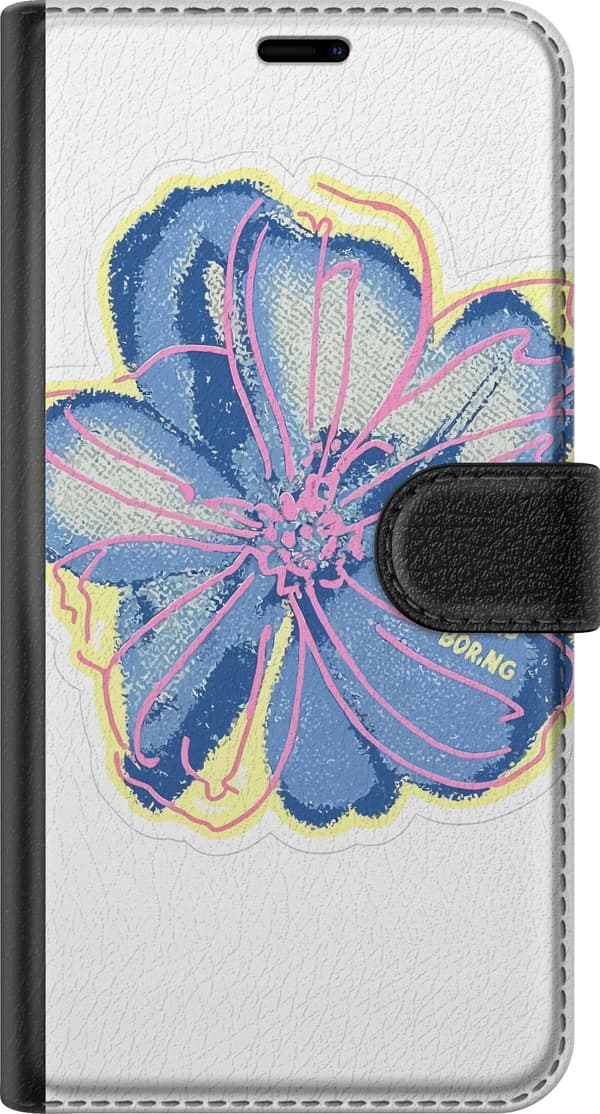 Kompatibel Tegnebogsetui til OnePlus 8 Pro Stor blå blomst med lyserøde konturer, gule detaljer og teksten Perfect Is Boring blå