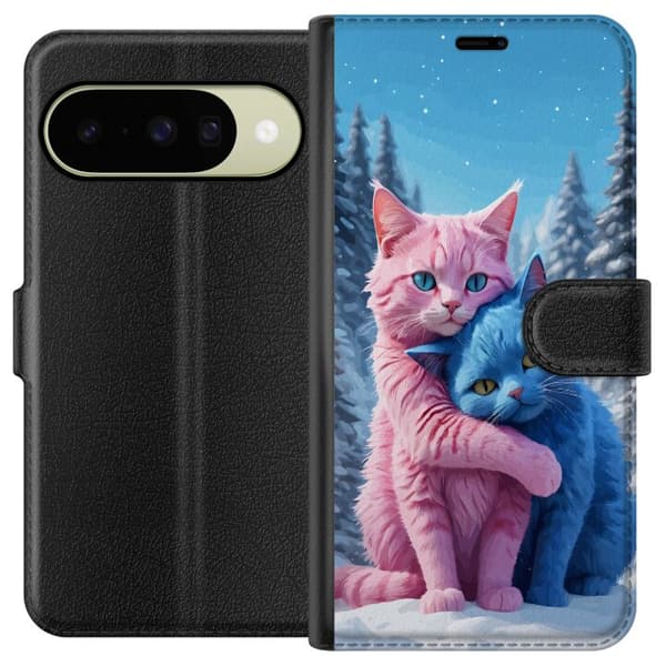 Kompatibel Tegnebogsetui til Google Pixel 10 Søde lyserøde og blå katte, der krammer i sneklædt vinterlandskab blå