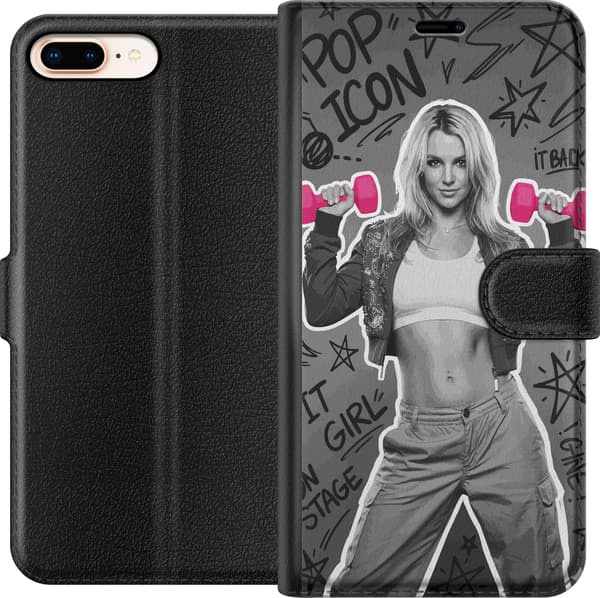 Kompatibel Tegnebogsetui til Apple iPhone 8 Plus Blond popartist i sort-hvid med lyserøde håndvægte og graffiti mod grå baggrund grå