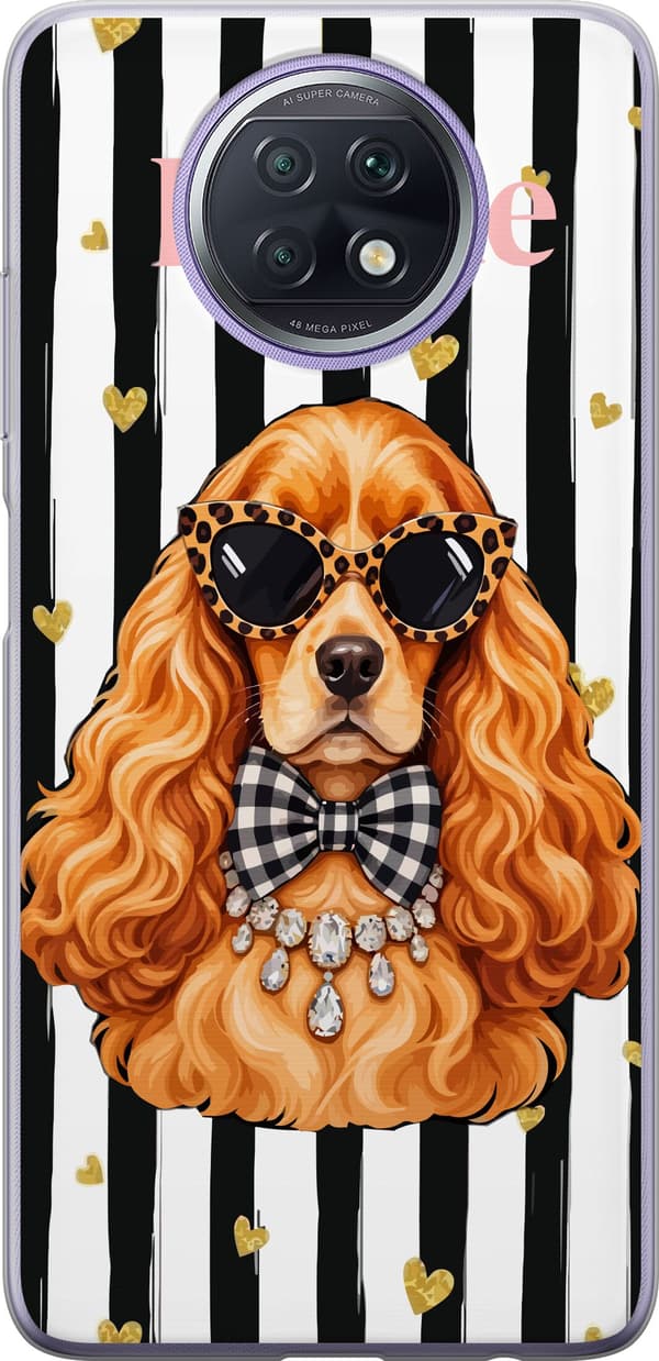 Kompatibel Mobilcover til Xiaomi Redmi Note 9T Brun spaniel med sorte solbriller og ternet sløjfe mod sorte og hvide striber brun