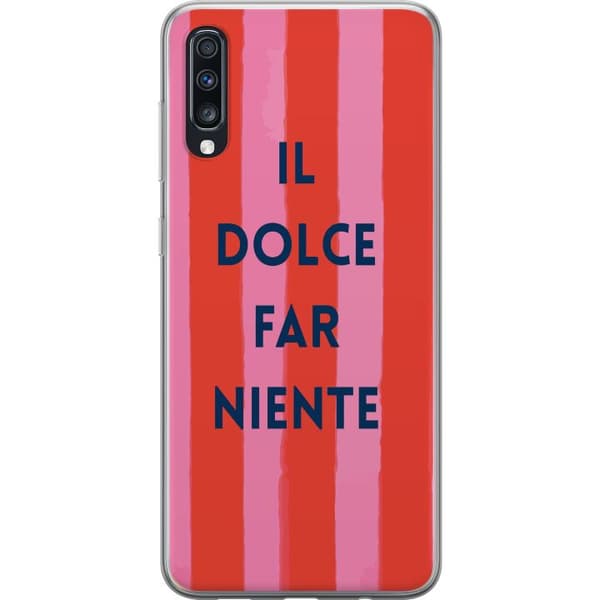 Kompatibel Mobilcover til Samsung Galaxy A70 Teksten Il Dolce Far Niente i mørkeblåt mod håndmalede rosa og røde striber pink