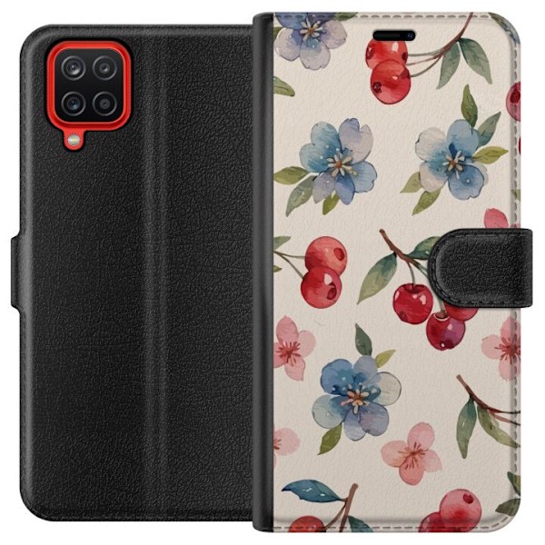 Samsung Galaxy A12 Plånboksfodral Bär & Blommor – mönster med blå blommor och skogsbär