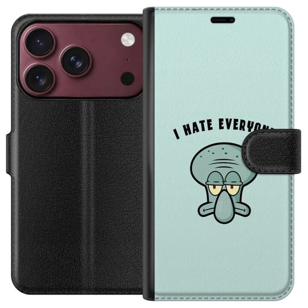 Kompatibel Tegnebogsetui til Apple iPhone 18 Pro Max Tegnet utilfreds blækspruttefigur med teksten I Hate Everyone på lyse turkis baggrund blå