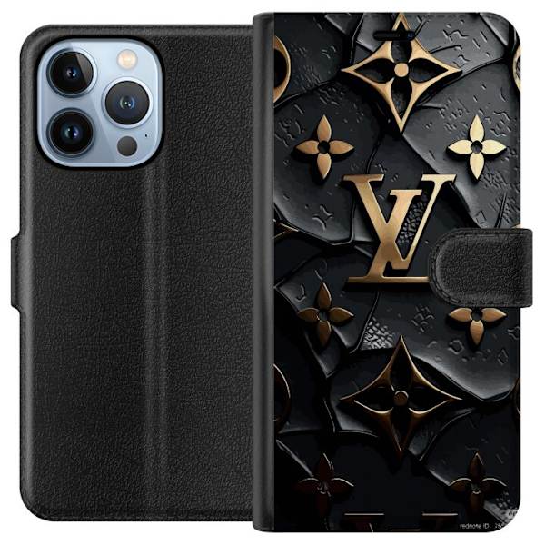 Apple iPhone 13 Pro Plånboksfodral Louis Vuitton Dark Mode Design Svart Lyx Stil Fashion Populärt Grafiskt Mönster Modeikon Lyxmärke
