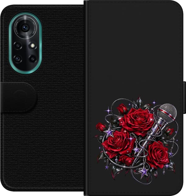 Kompatibel Tegnebogsetui til Huawei nova 8 Pro Røde roser med sort mikrofon, sølvfarvede stjerner og lilla detaljer rød