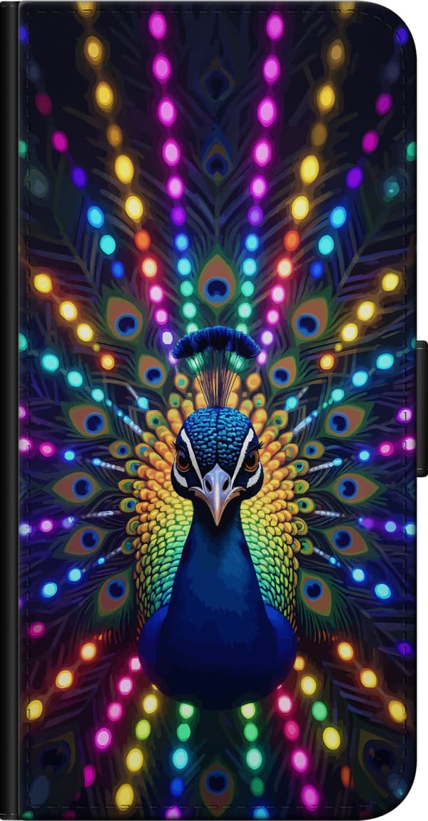 Kompatibel Tegnebogsetui til Huawei P40 lite E Blå påfugl med farverige fjer og neonlys