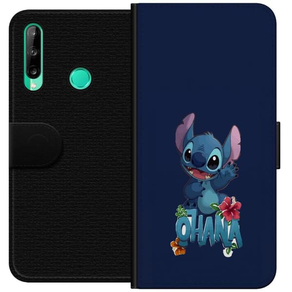 Kompatibel Tegnebogsetui til Huawei P40 lite E Charmerende blå tegnet figur, der vinker over tekst og tropiske hibiscusblomster mod mørkeblå baggrund blå