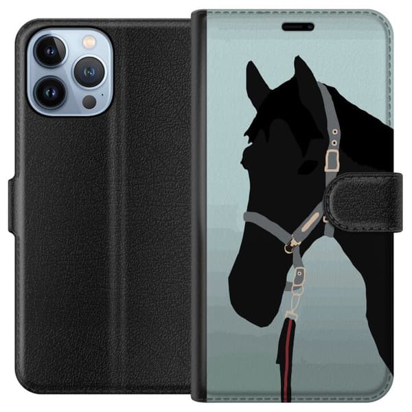 Kompatibel Tegnebogsetui til Apple iPhone 13 Pro Max Minimalistisk sort hest i profil med grime mod lyseblå baggrund blå