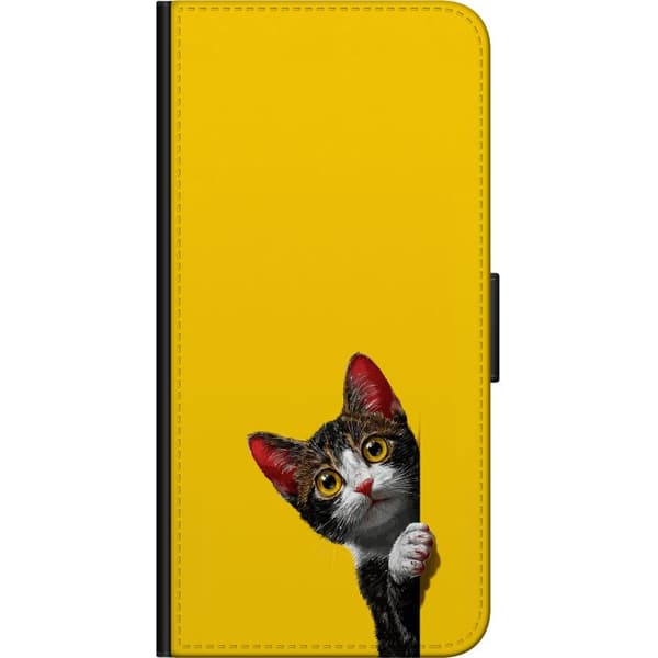 Kompatibel Tegnebogsetui til Xiaomi Redmi Note 8 Pro  Sød kat, der kigger ud mod gul minimalistisk baggrund gul