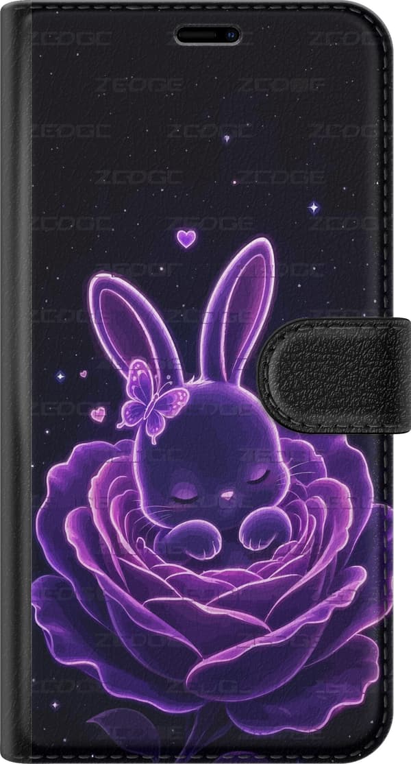 Kompatibel Tegnebogsetui til Apple iPhone 11 Pro Lilla neonkanin i en lysende rose med små hjerter mod sort baggrund sort