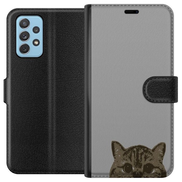 Samsung Galaxy A72 5G Plånboksfodral Grå Kattblick – stilren kattdesign med grå bakgrund