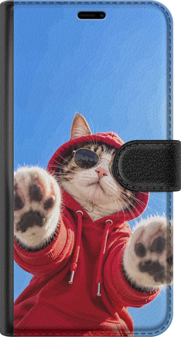 Kompatibel Tegnebogsetui til Samsung Galaxy A40 Kat med solbriller og rød hættetrøje, der rækker poterne frem mod blå himmel blå