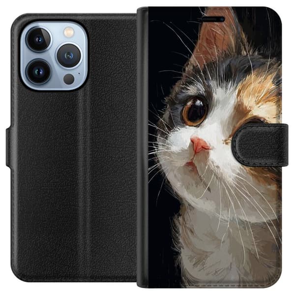 Kompatibel Tegnebogsetui til Apple iPhone 13 Pro Kunstnerisk portræt af trefarvet kat med store brune øjne mod sort baggrund sort