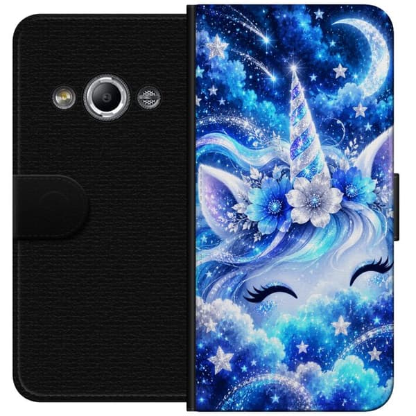 Kompatibel Tegnebogsetui til Samsung Galaxy Xcover 3 Stjernehorn – Enhjørningsansigt og blomster i blå nuancer. Et dekorativt motiv med tydelige form blå