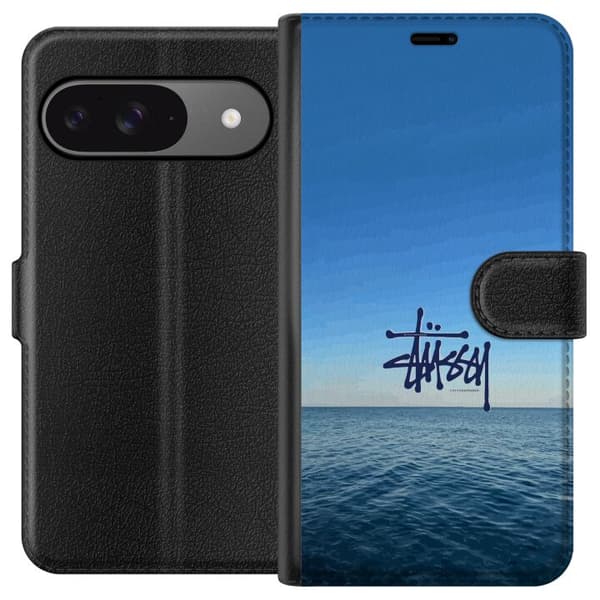 Kompatibelt Lommeboketui til Google Pixel 9 Havspanorama med blå himmel og stilig surf-inspirert logo blå
