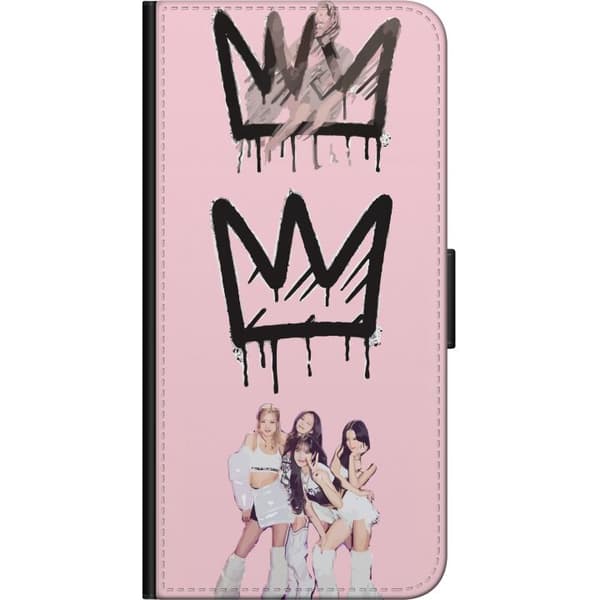 Kompatibel Tegnebogsetui til Xiaomi Redmi Note 9 Pro Blackpink-motiv med fire medlemmer og stor sort krone på lyserød baggrund pink
