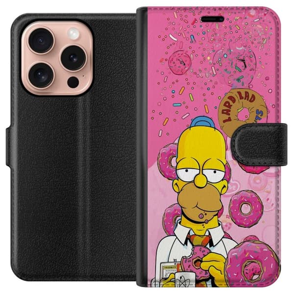 Kompatibel Tegnebogsetui til Apple iPhone 16 Pro Homer Simpson spiser lyserøde donuts mod en farverig baggrund pink